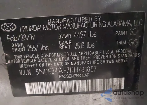 2019 Hyundai Sonata Se из США, поврежденный, VIN 5NPE24AF7KH781857